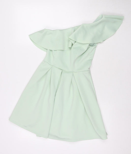Miss Selfridge Womens Green Polyester Fit & Flare Size 8 One Shoulder Zip