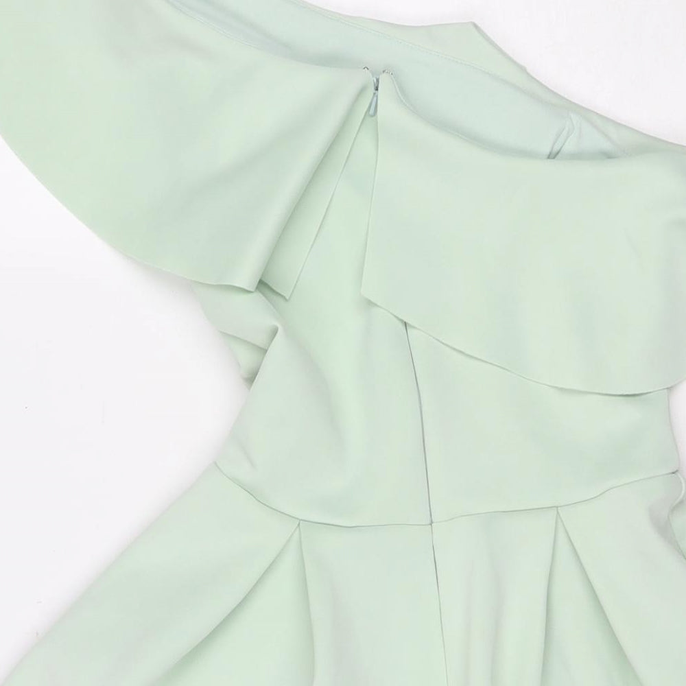 Miss Selfridge Womens Green Polyester Fit & Flare Size 8 One Shoulder Zip