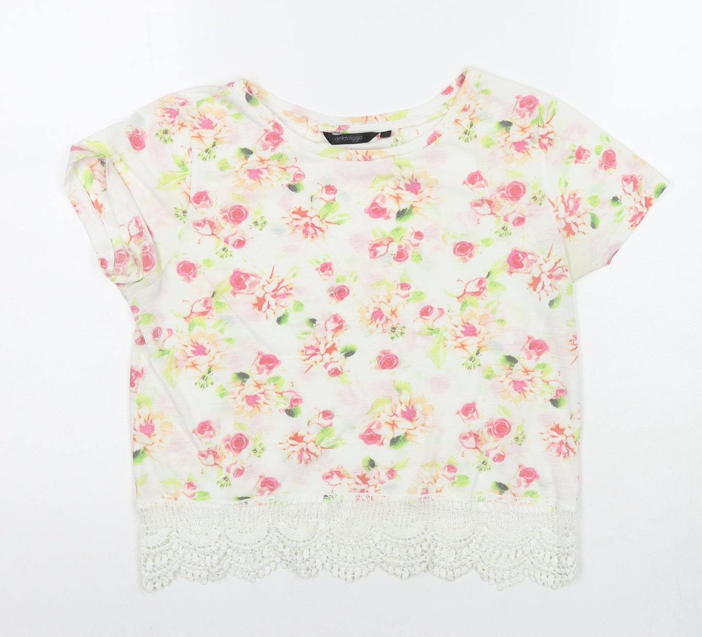 Golddigga Womens White Floral Cotton Basic T-Shirt Size 8 Round Neck