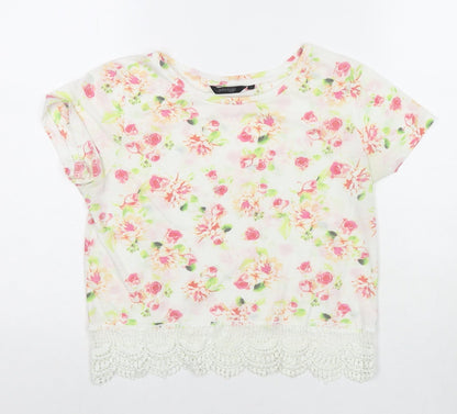 Golddigga Womens White Floral Cotton Basic T-Shirt Size 8 Round Neck