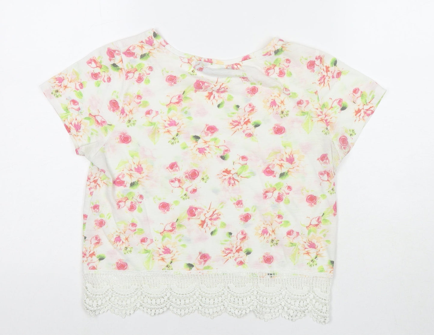 Golddigga Womens White Floral Cotton Basic T-Shirt Size 8 Round Neck