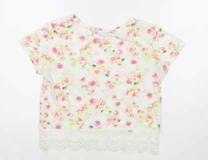 Golddigga Womens White Floral Cotton Basic T-Shirt Size 8 Round Neck