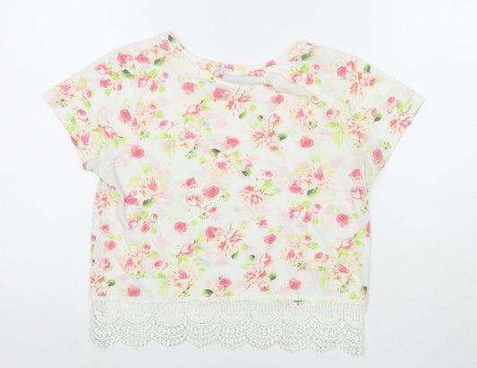 Golddigga Womens White Floral Cotton Basic T-Shirt Size 8 Round Neck