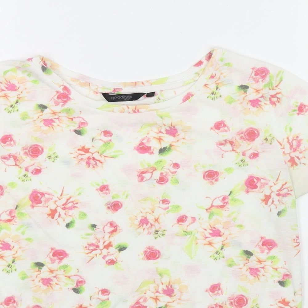Golddigga Womens White Floral Cotton Basic T-Shirt Size 8 Round Neck