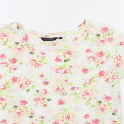 Golddigga Womens White Floral Cotton Basic T-Shirt Size 8 Round Neck
