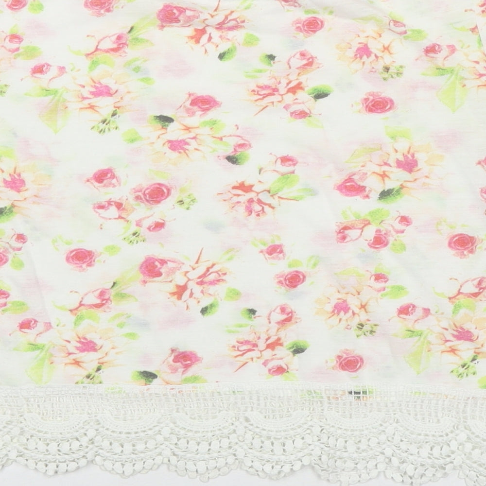 Golddigga Womens White Floral Cotton Basic T-Shirt Size 8 Round Neck