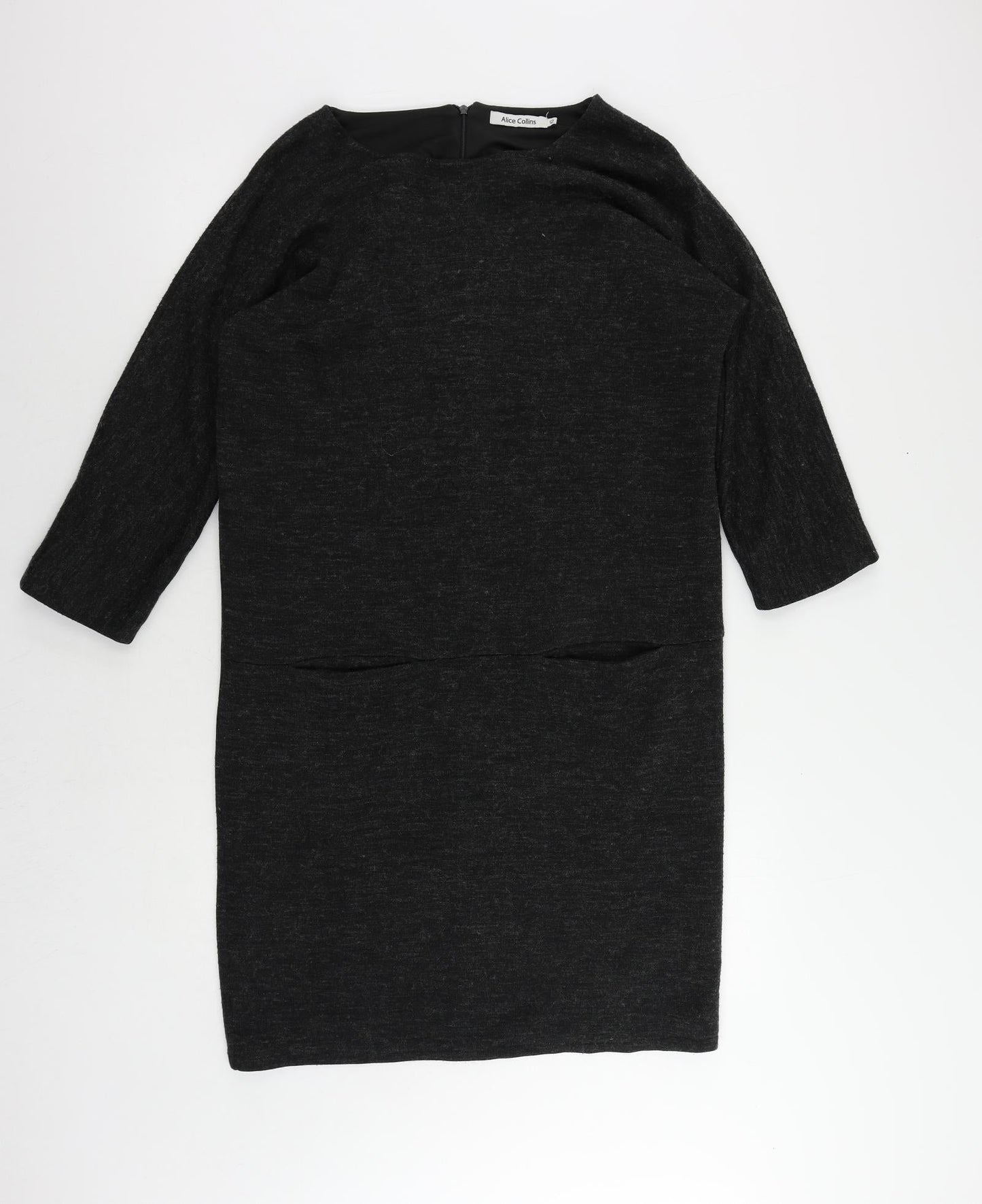 Alice Collins Womens Grey Acrylic Jumper Dress Size 12 Round Neck Zip - Pockets