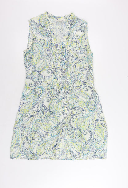 EAST Womens Ivory Paisley Linen A-Line Size 12 V-Neck Button