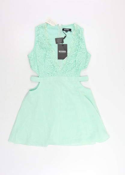 Missguided Womens Green Polyester Mini Size 14 V-Neck Zip - Cut Out