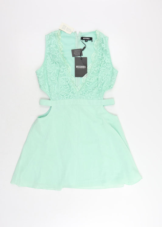 Missguided Womens Green Polyester Mini Size 14 V-Neck Zip - Cut Out