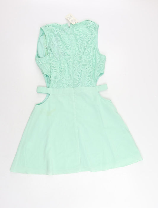 Missguided Womens Green Polyester Mini Size 14 V-Neck Zip - Cut Out