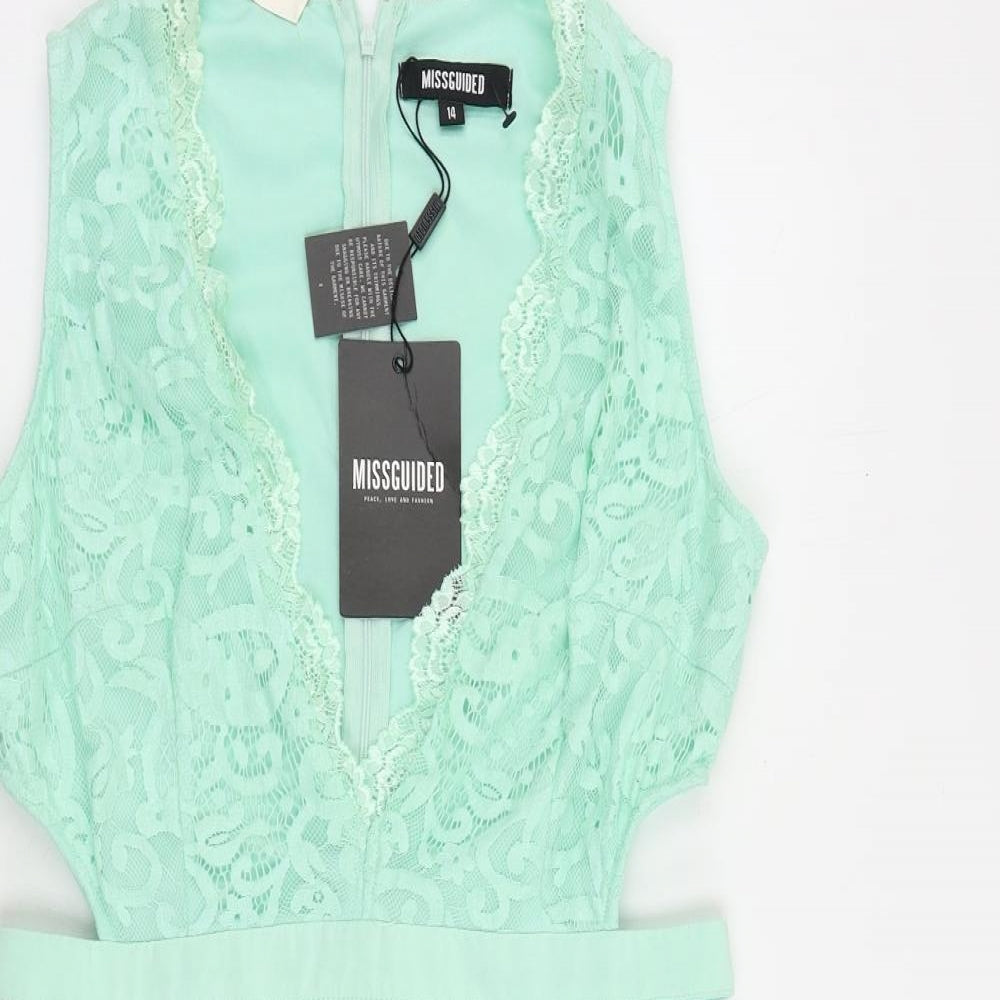 Missguided Womens Green Polyester Mini Size 14 V-Neck Zip - Cut Out