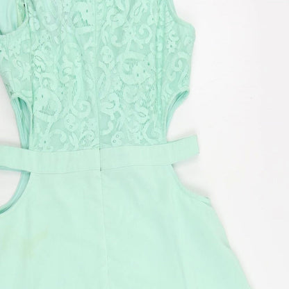 Missguided Womens Green Polyester Mini Size 14 V-Neck Zip - Cut Out