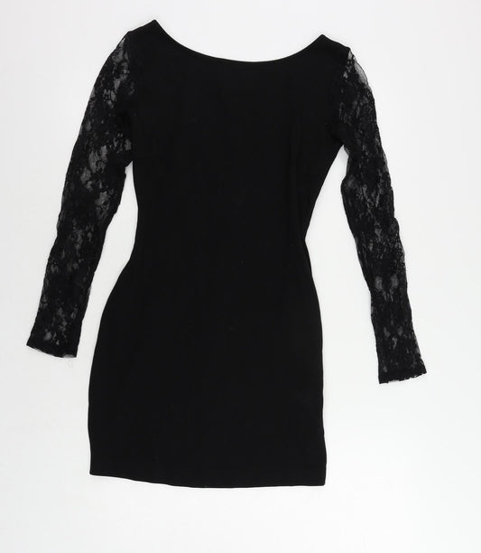 Zara Womens Black Polyester Mini Size M Boat Neck Pullover - Lace Sleeves