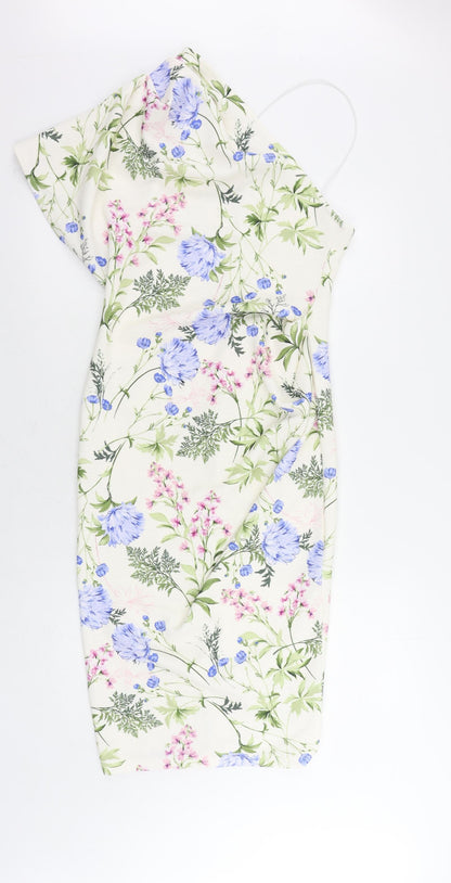 ASOS Womens Ivory Floral Polyester Sheath Size 12 One Shoulder Pullover - Ruched