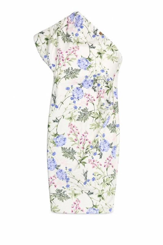 Front view of ASOS women’s ivory floral polyester sheath, size UK 12, one shoulder pullover - ruched
