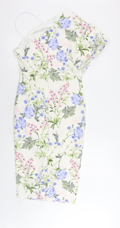 ASOS Womens Ivory Floral Polyester Sheath Size 12 One Shoulder Pullover - Ruched