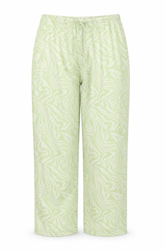 Front view of ASOS women’s green animal print polyester trousers, size UK 10 regular drawstring - adjustable waist