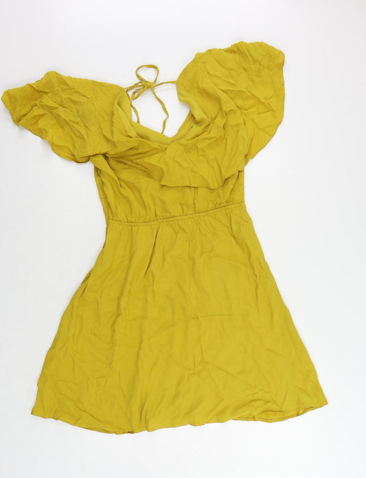 River Island Womens Yellow Viscose Fit & Flare Size 12 V-Neck Zip