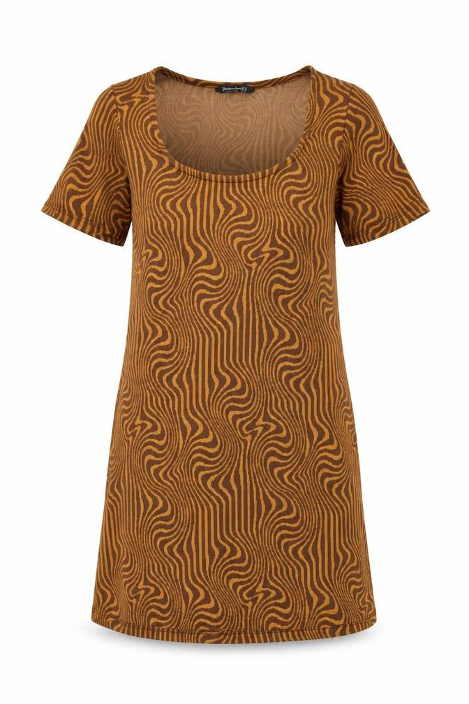 Stradivarius Womens Brown Geometric Polyester Shift Size S Boat Neck Pullover