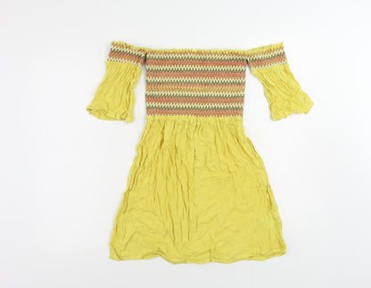 Brave Soul Womens Yellow Geometric Viscose Mini Size XS Off the Shoulder Pullover