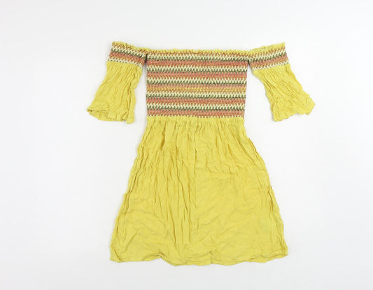 Brave Soul Womens Yellow Geometric Viscose Mini Size XS Off the Shoulder Pullover