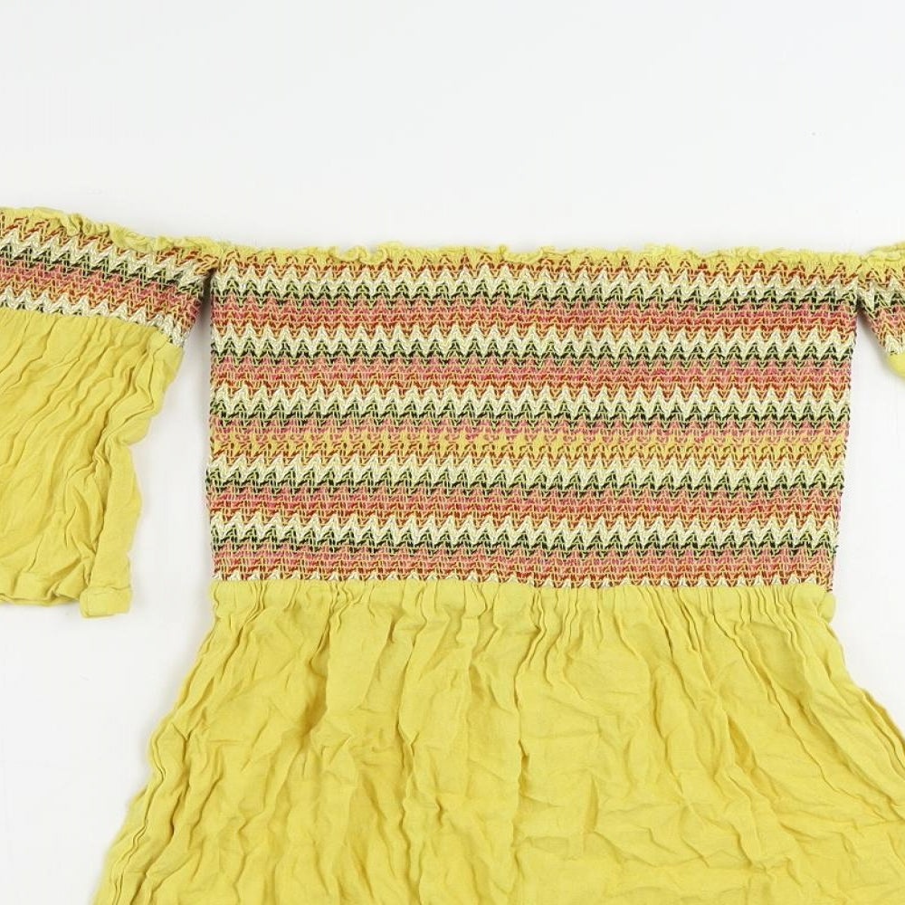 Brave Soul Womens Yellow Geometric Viscose Mini Size XS Off the Shoulder Pullover