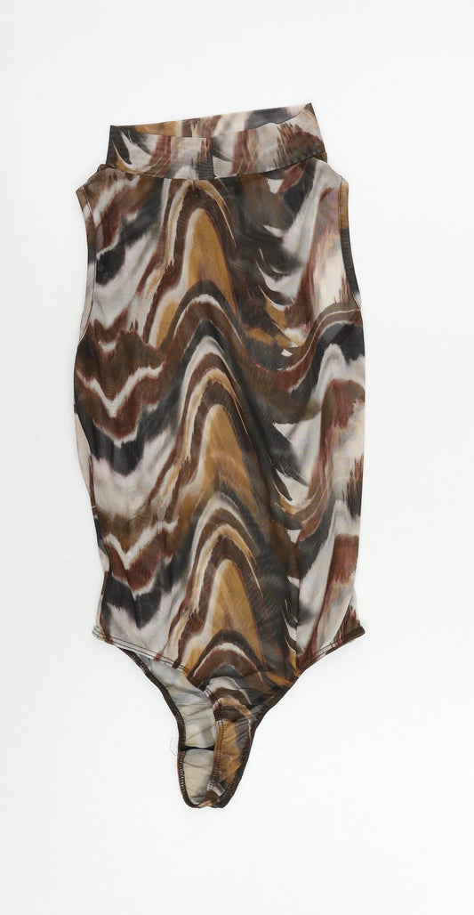 PRETTYLITTLETHING Womens Brown Geometric Polyester Bodysuit One-Piece Size 8 Snap - Sheer