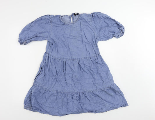 Boohoo Womens Blue Cotton Mini Size 10 Round Neck Button