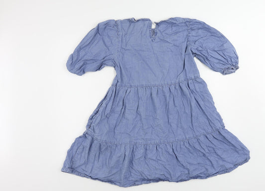 Boohoo Womens Blue Cotton Mini Size 10 Round Neck Button