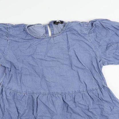 Boohoo Womens Blue Cotton Mini Size 10 Round Neck Button