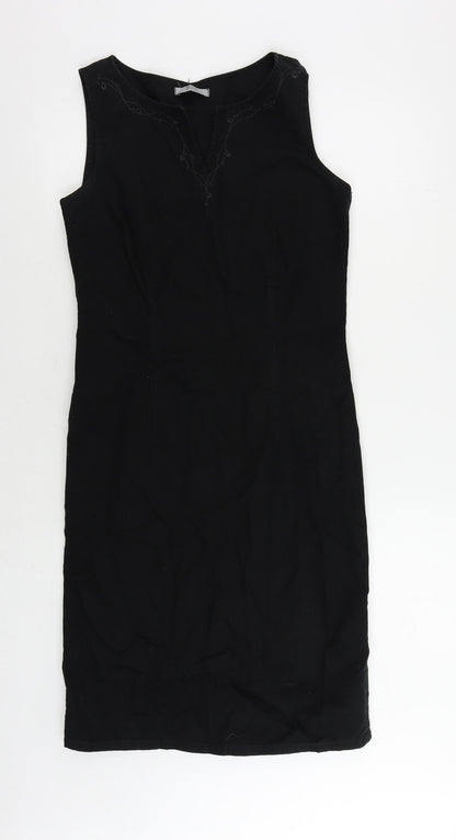 Marks and Spencer Womens Black Cotton Pencil Dress Size 10 V-Neck Zip - Embroidered