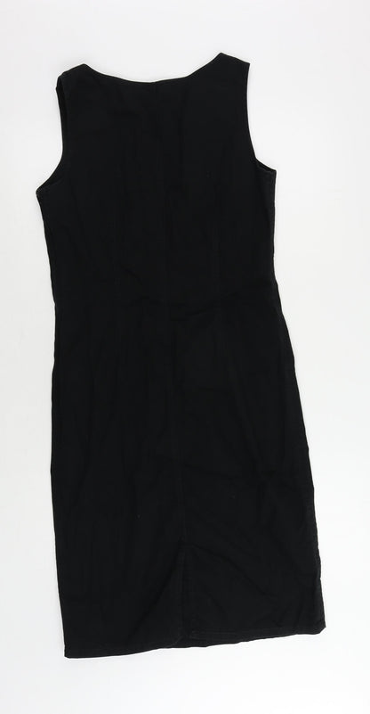 Marks and Spencer Womens Black Cotton Pencil Dress Size 10 V-Neck Zip - Embroidered