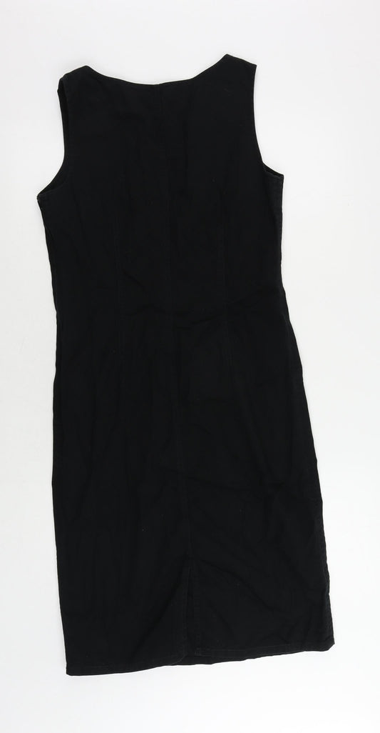 Marks and Spencer Womens Black Cotton Pencil Dress Size 10 V-Neck Zip - Embroidered