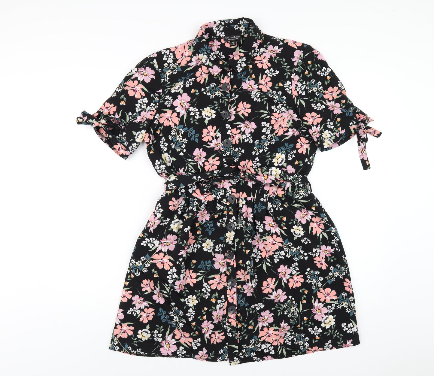 Miss Selfridge Womens Black Floral Polyester Shirt Dress Size 10 Collared Button