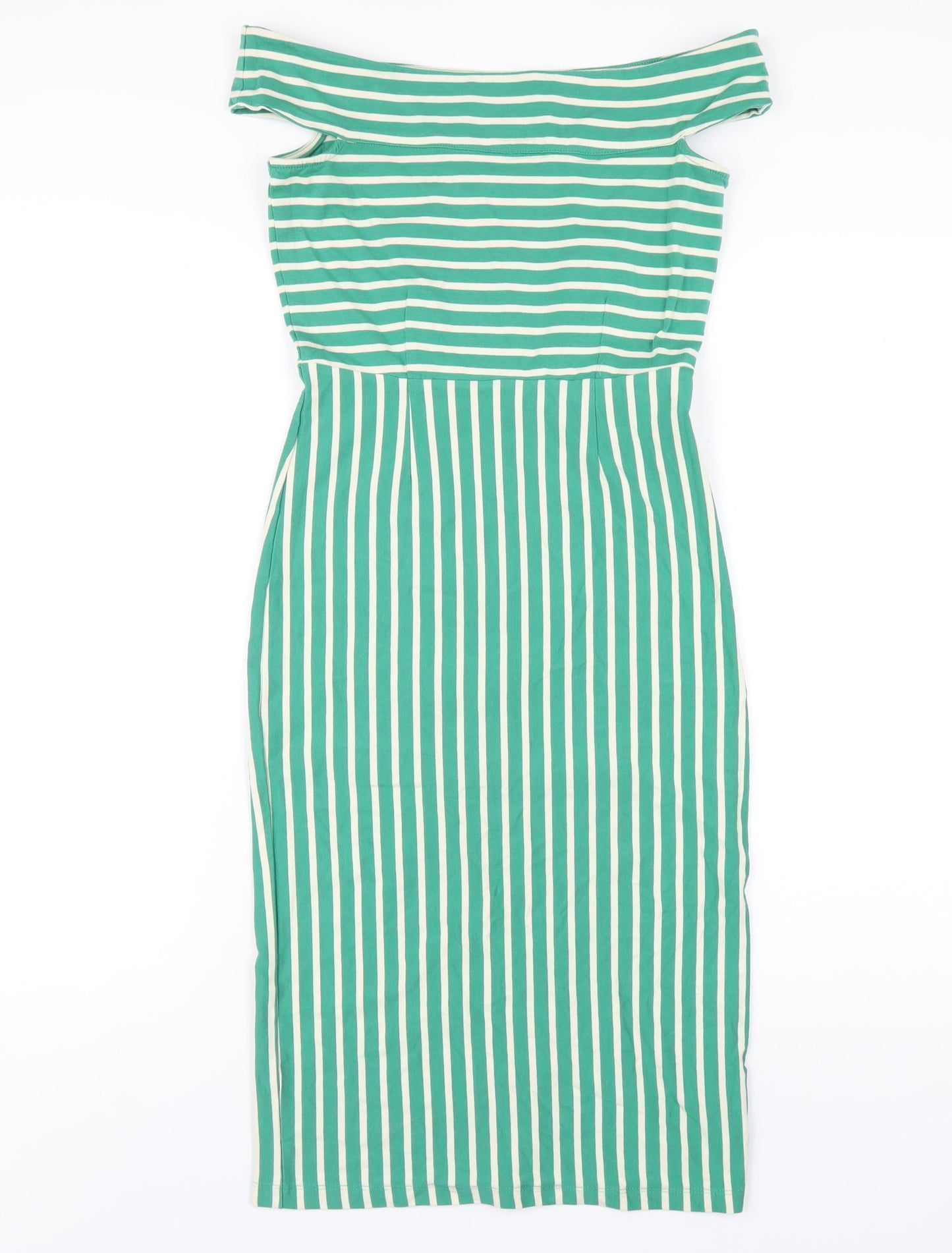 King Louie Womens Green Striped Cotton Bodycon Size XS Off the Shoulder Pullover