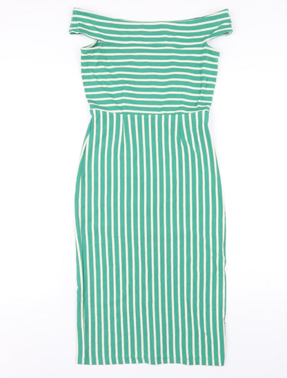 King Louie Womens Green Striped Cotton Bodycon Size XS Off the Shoulder Pullover