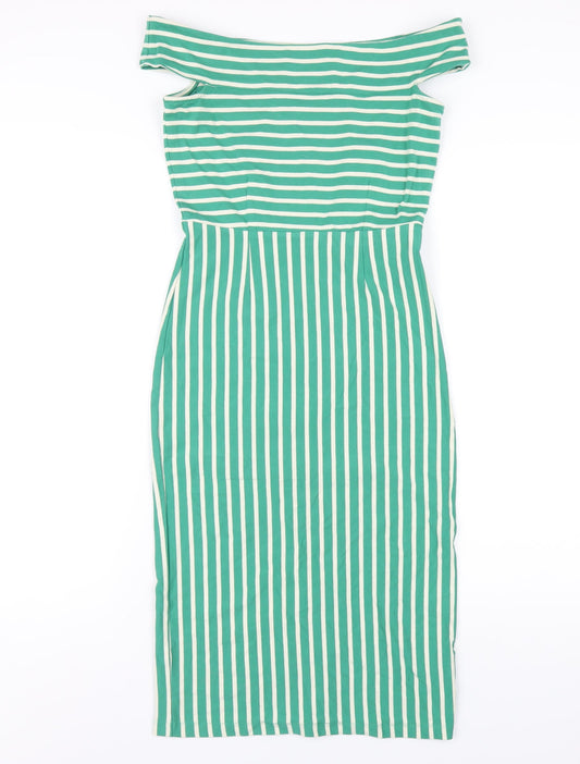 King Louie Womens Green Striped Cotton Bodycon Size XS Off the Shoulder Pullover