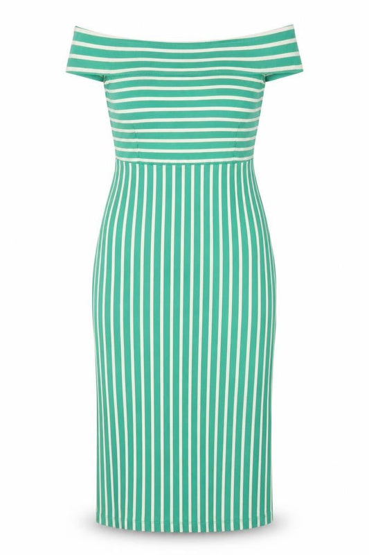 King Louie Womens Green Striped Cotton Bodycon Size XS Off the Shoulder Pullover