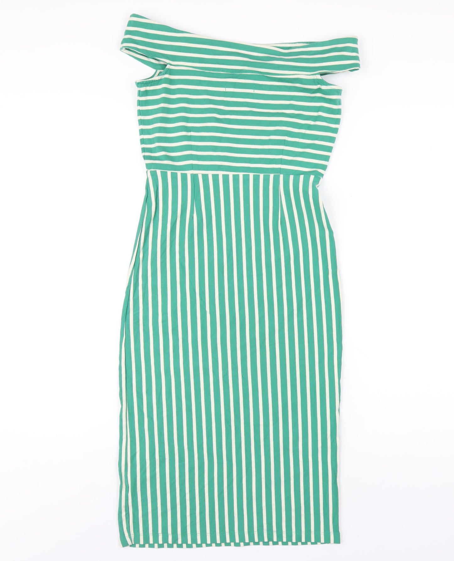 King Louie Womens Green Striped Cotton Bodycon Size XS Off the Shoulder Pullover