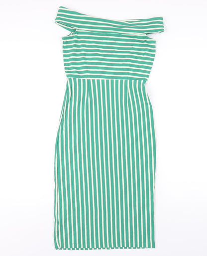 King Louie Womens Green Striped Cotton Bodycon Size XS Off the Shoulder Pullover