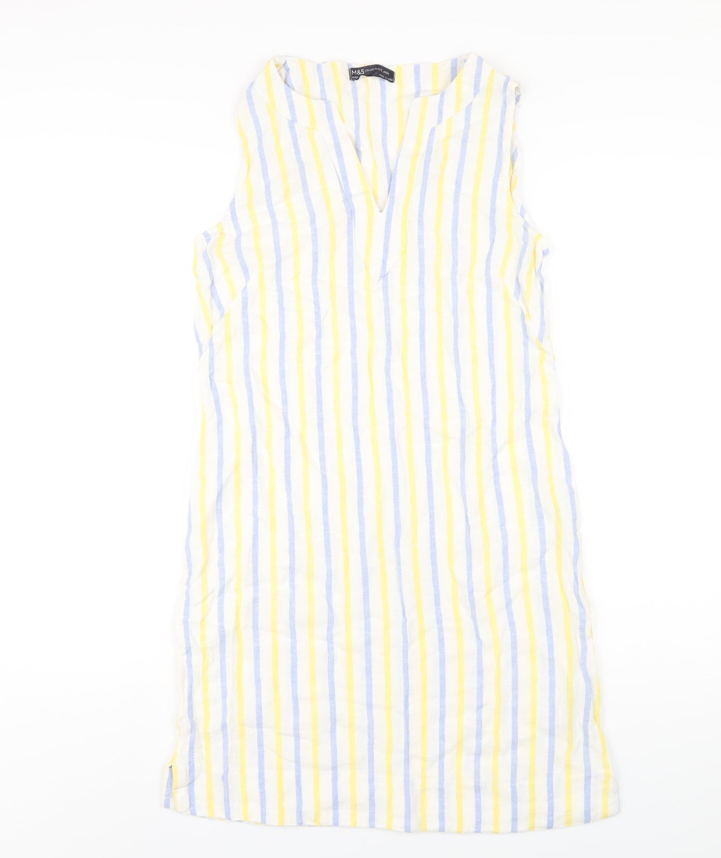Marks and Spencer Womens Multicoloured Striped Linen Tank Dress Size 8 V-Neck Pullover
