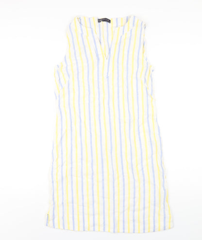 Marks and Spencer Womens Multicoloured Striped Linen Tank Dress Size 8 V-Neck Pullover