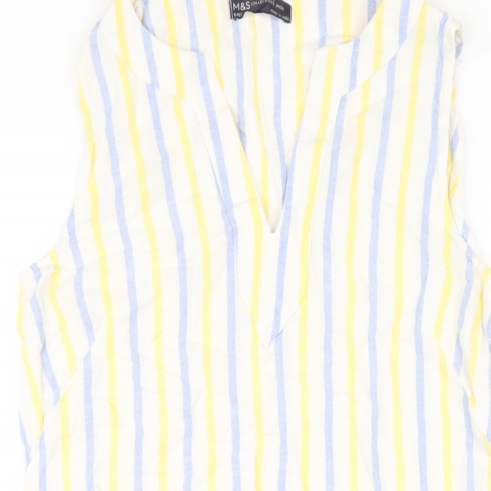 Marks and Spencer Womens Multicoloured Striped Linen Tank Dress Size 8 V-Neck Pullover
