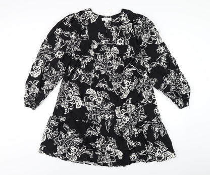 Marks and Spencer Womens Black Floral Cotton A-Line Size 10 Round Neck Button
