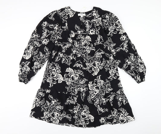 Marks and Spencer Womens Black Floral Cotton A-Line Size 10 Round Neck Button