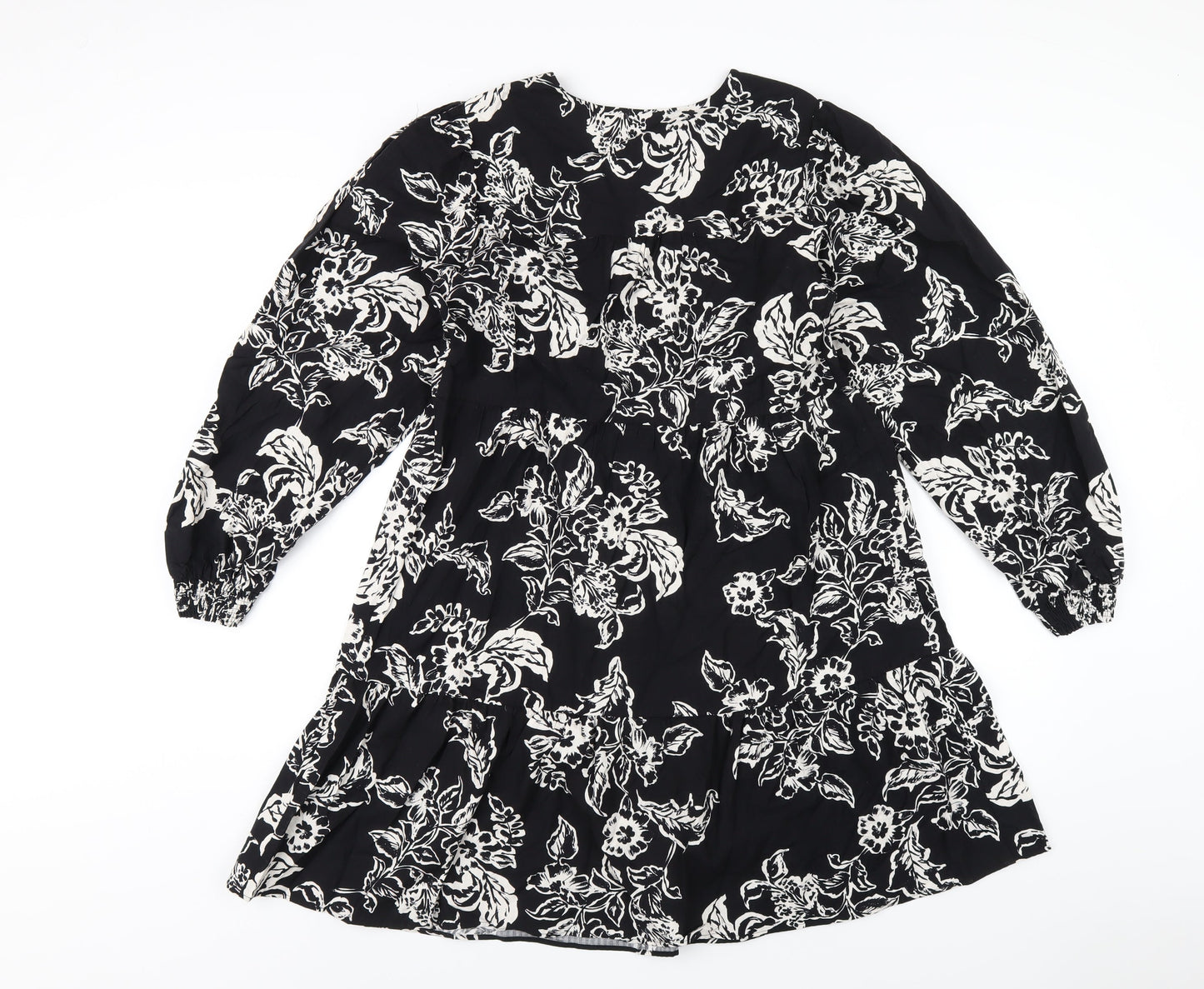 Marks and Spencer Womens Black Floral Cotton A-Line Size 10 Round Neck Button