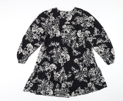 Marks and Spencer Womens Black Floral Cotton A-Line Size 10 Round Neck Button