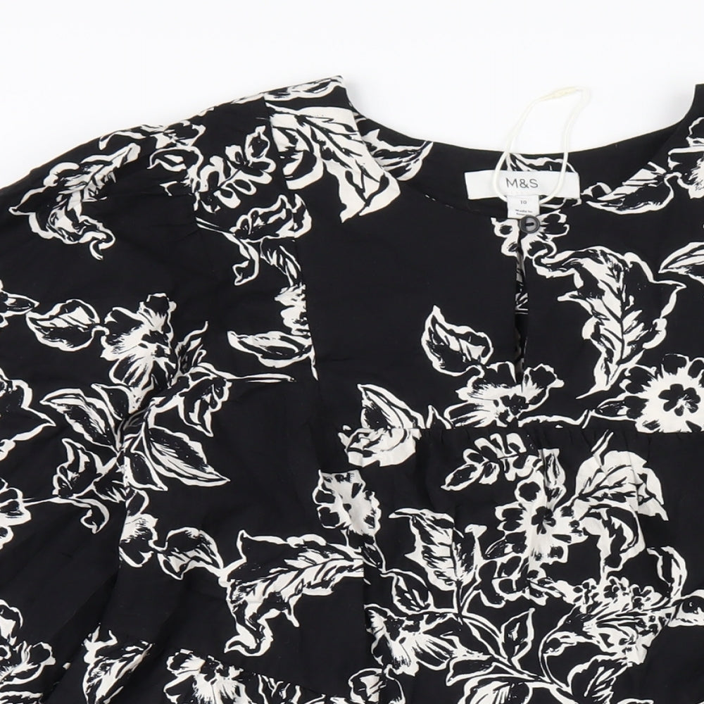 Marks and Spencer Womens Black Floral Cotton A-Line Size 10 Round Neck Button