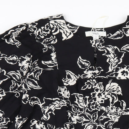 Marks and Spencer Womens Black Floral Cotton A-Line Size 10 Round Neck Button